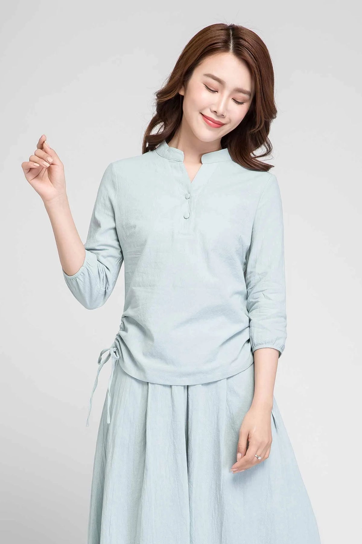 Mint Linen Blouse - Banded Neckline with Button Detail 1881