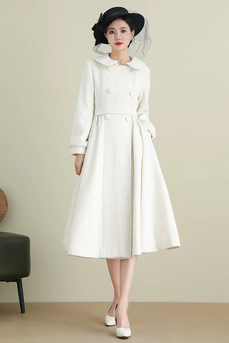 Handmade White Wool Coat – Long A-Line Swing Winter & Wedding Overcoat for Women 