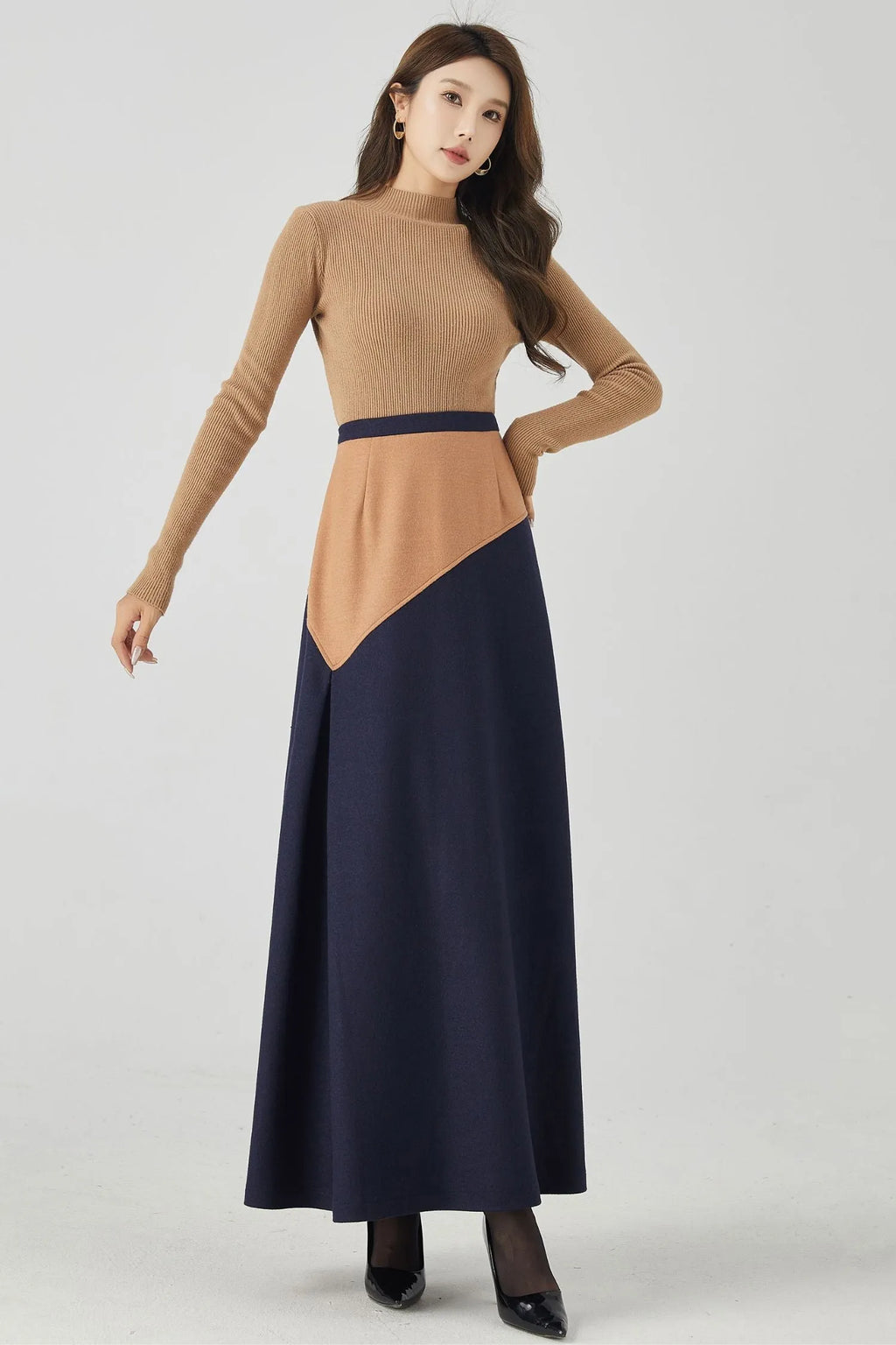 Camel and Navy Wool A-Line Maxi Skirt - Patchwork Slimming Fit 4537