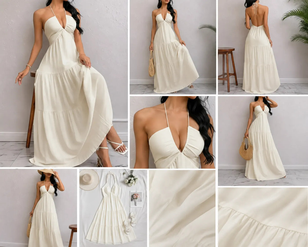 Ivory Halter Tiered Maxi Dress