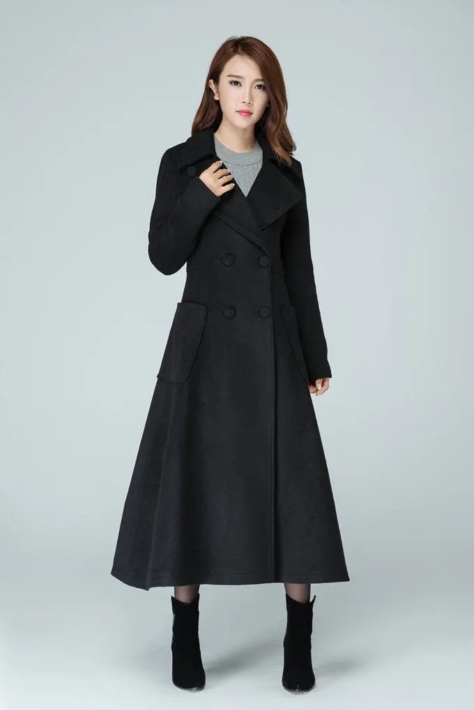 Black Wool Long Coat - High Waist, Double-Breasted Fit 1607