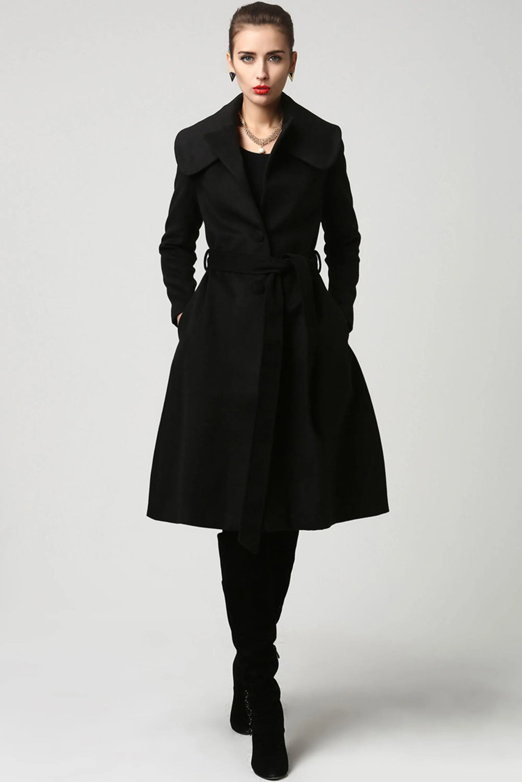 Vintage Wool Coat for Women – Handmade Black Belted Winter Coat with Double Folded Collar 