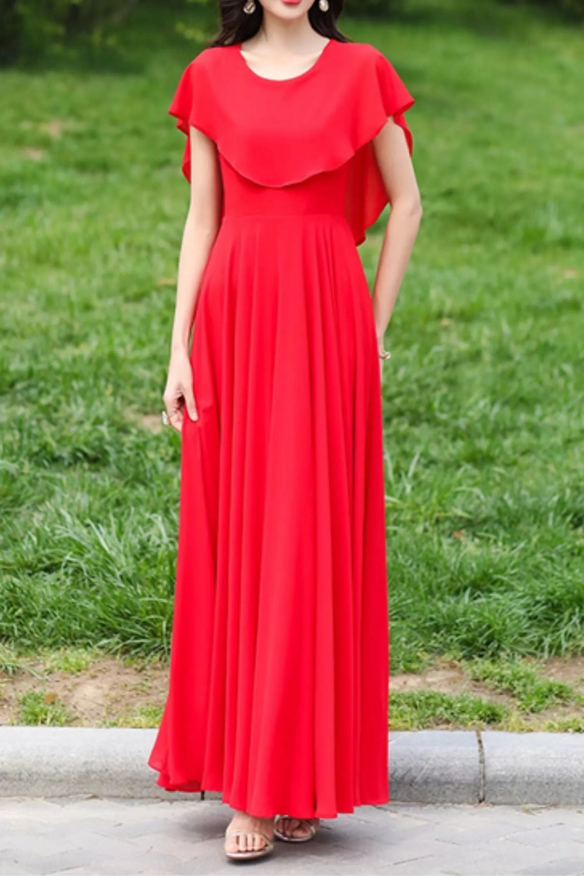 Red Chiffon Prom Maxi Dress - Fit and Flare with Cape Detail 5029