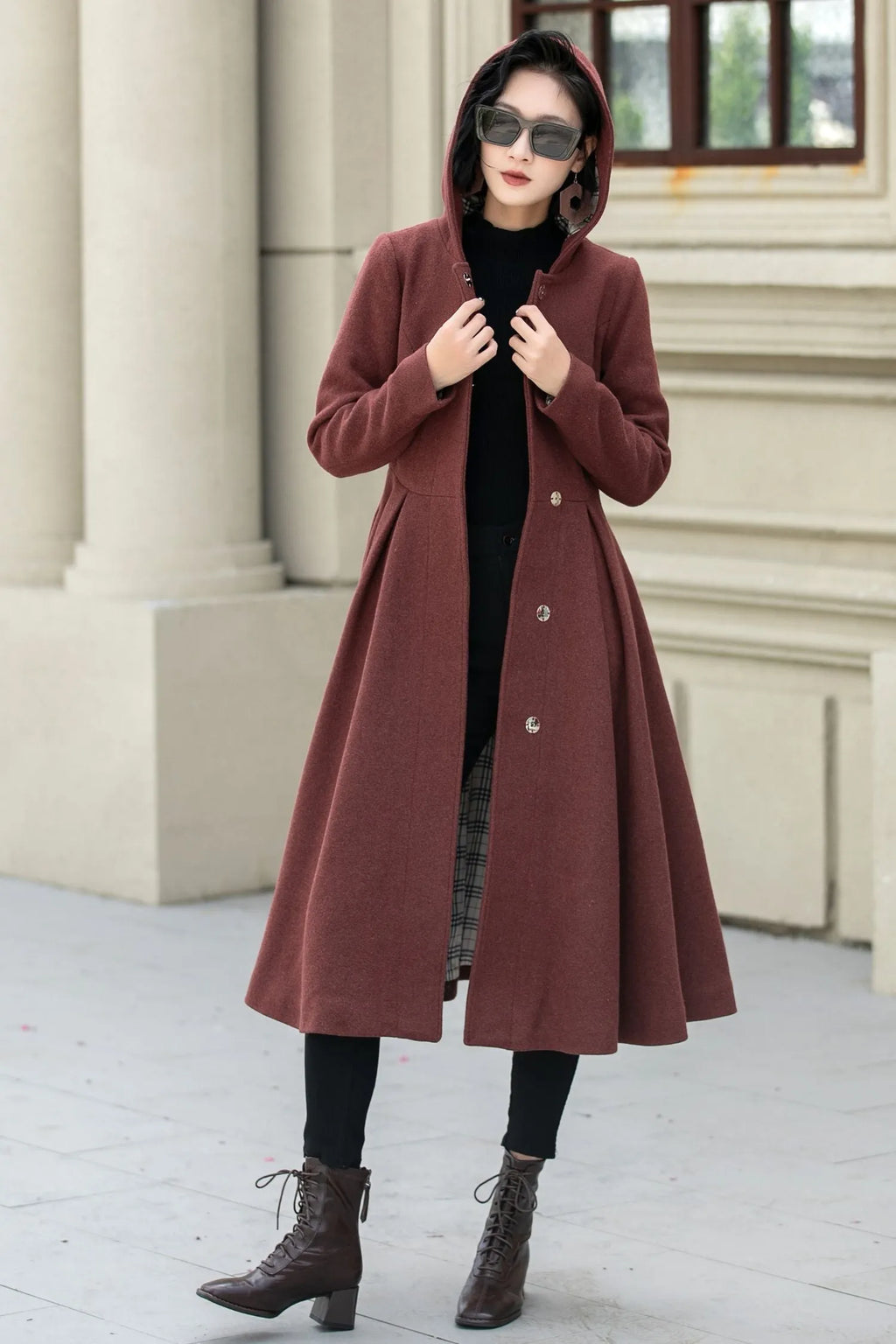 Rust Wool A Line Winter Coat - Hooded Swing Silhouette 5347
