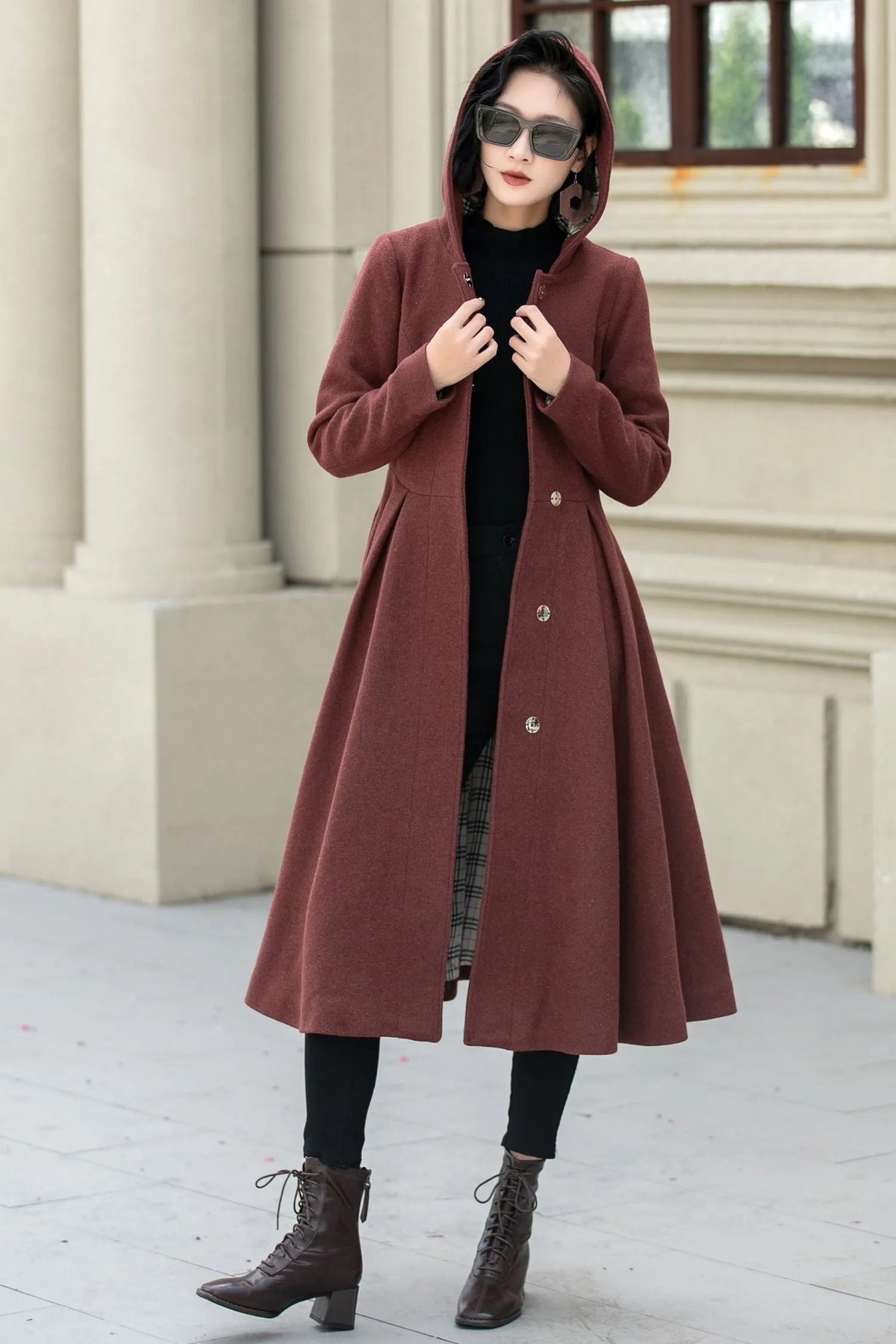 Rust Wool A Line Winter Coat - Hooded Swing Silhouette 5347