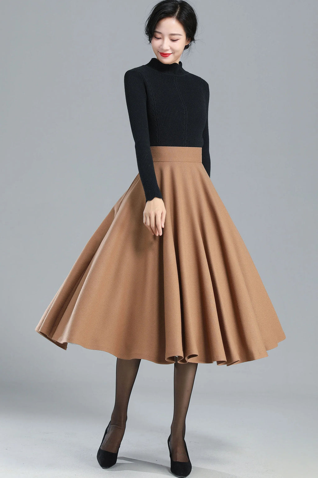 Camel Wool Midi Skirt - High-Waist A-Line Swing 3247