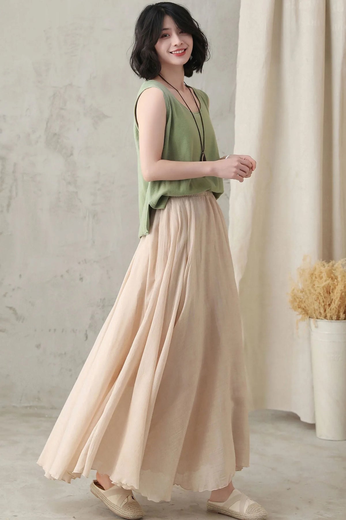 Beige Linen Maxi Skirt - High-Waist Elastic Waistband, Flowy Circle Hem 2820