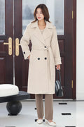 Beige Wool Long Coat - Double Breasted with Belted Waist 4018