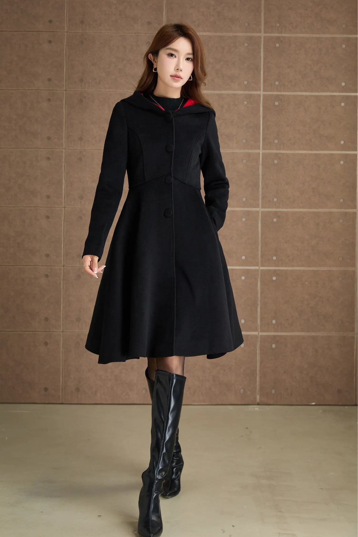 Black Wool Fit and Flare Coat - Hooded Silhouette with Satin Lining 5363