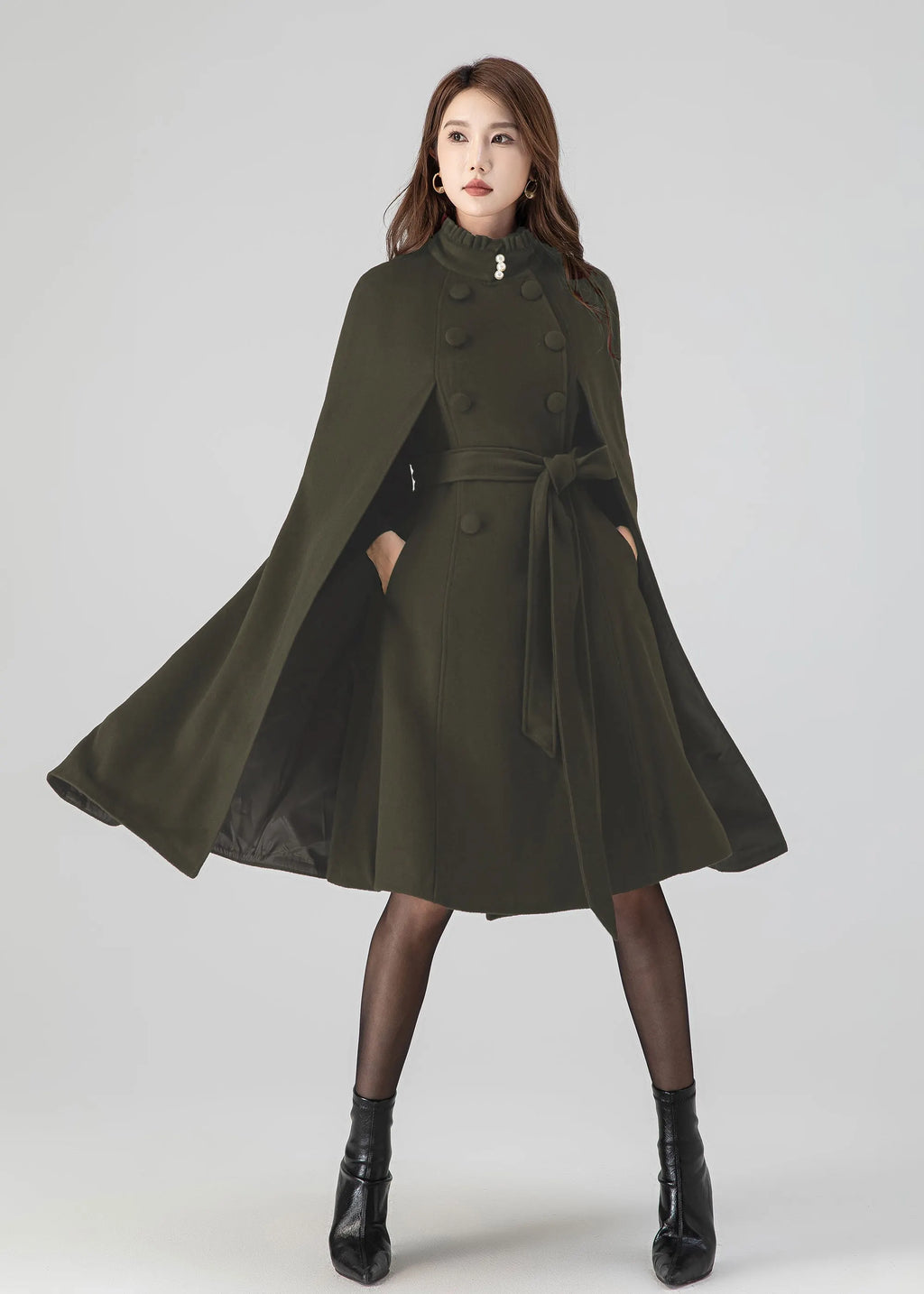 Army Green Wool Cape Coat – Women’s Vintage Stand Collar Cloak with Belt 5552