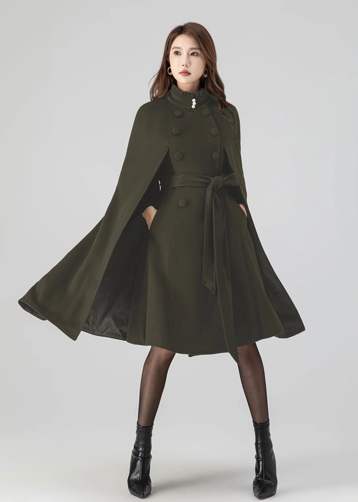 Army Green Wool Cape Coat – Women’s Vintage Stand Collar Cloak with Belt 5552