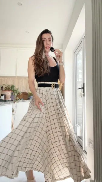 Plaid Linen Maxi Circle Skirt - Pleated A-Line 