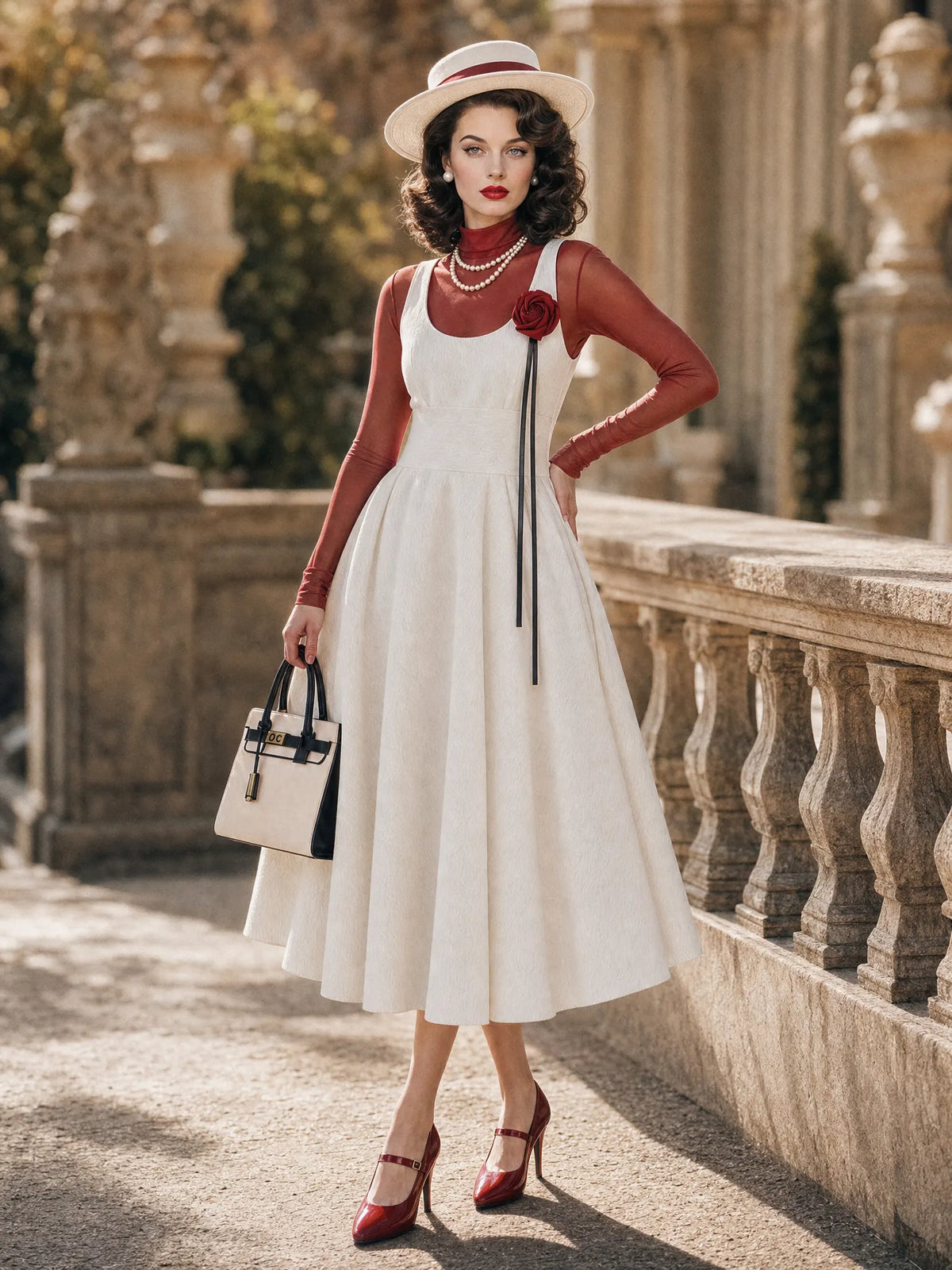 Vintage Sleeveless Midi Dress Sheer Mesh Top Two‑Piece Set