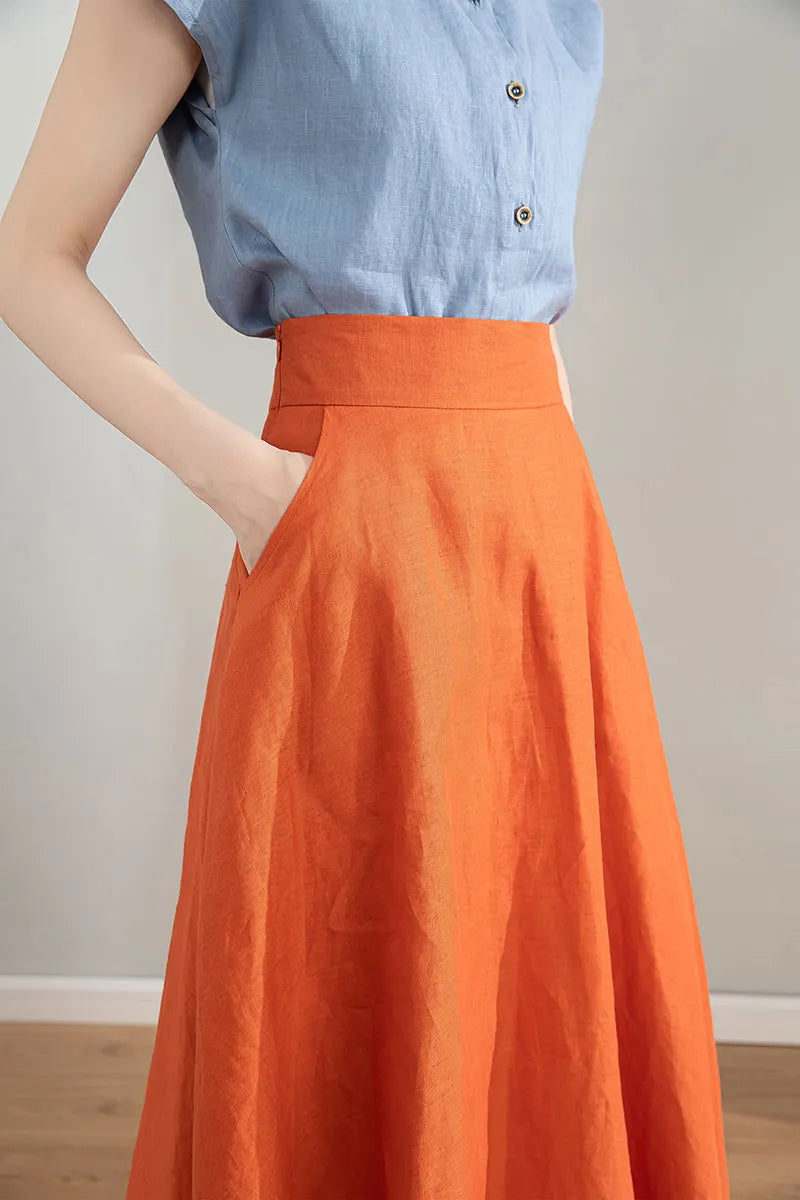 Orange Linen Skirt - High Waisted A-Line Midi Skirt 4215