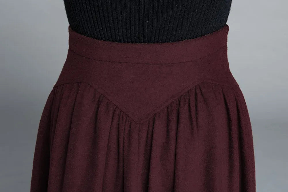 Burgundy Wool Maxi Skirt – Vintage High Waist Flared Winter Skirt 6319