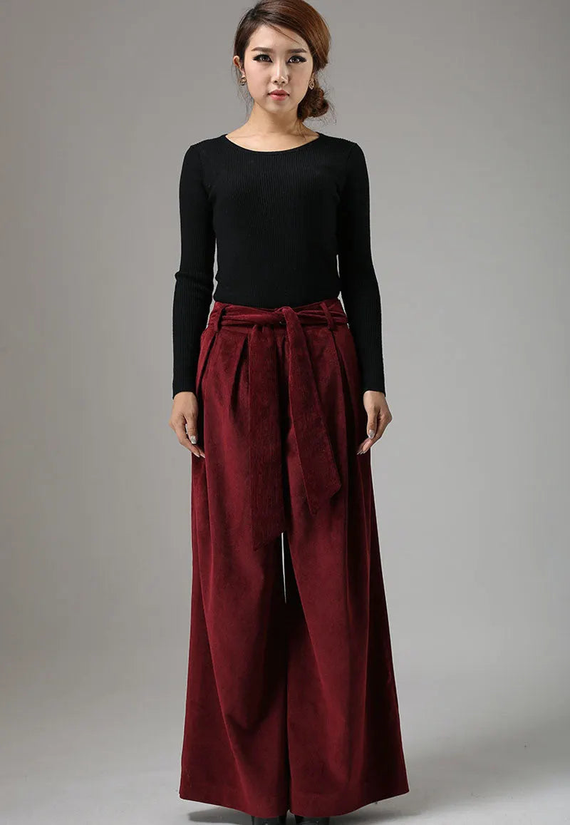 Red Cotton Corduroy Palazzo Pants - Wide Leg Ankle 