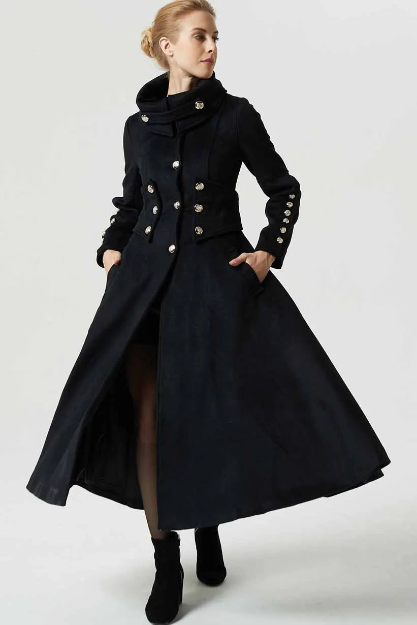 Black Wool Military Long Coat - Oversized Collar with Silver Buttons 1972