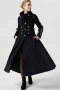 Black Wool Military Long Coat - Oversized Collar with Silver Buttons 1972