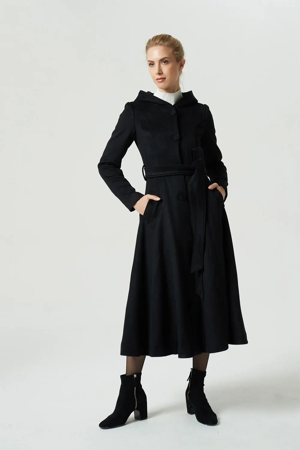 Handmade Black Wool Hooded Coat – Vintage Fit and Flare Maxi Winter Overcoat 