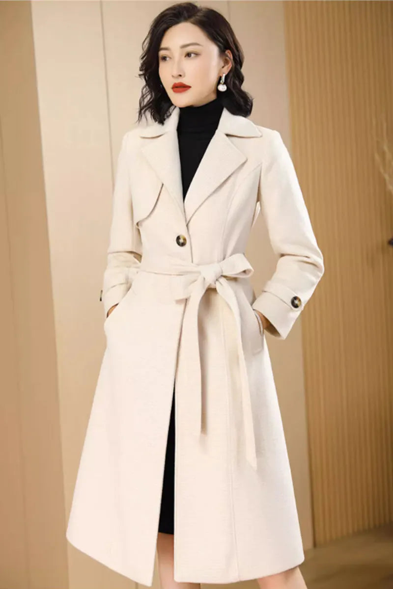 Beige Wool Coat Maxi Dress - Belted Waist Elegant Outerwear 4705