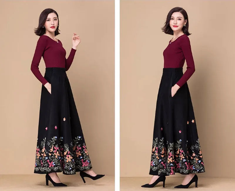 Black Wool Maxi Skirt - Embroidered A-Line with Elastic Waist 4770