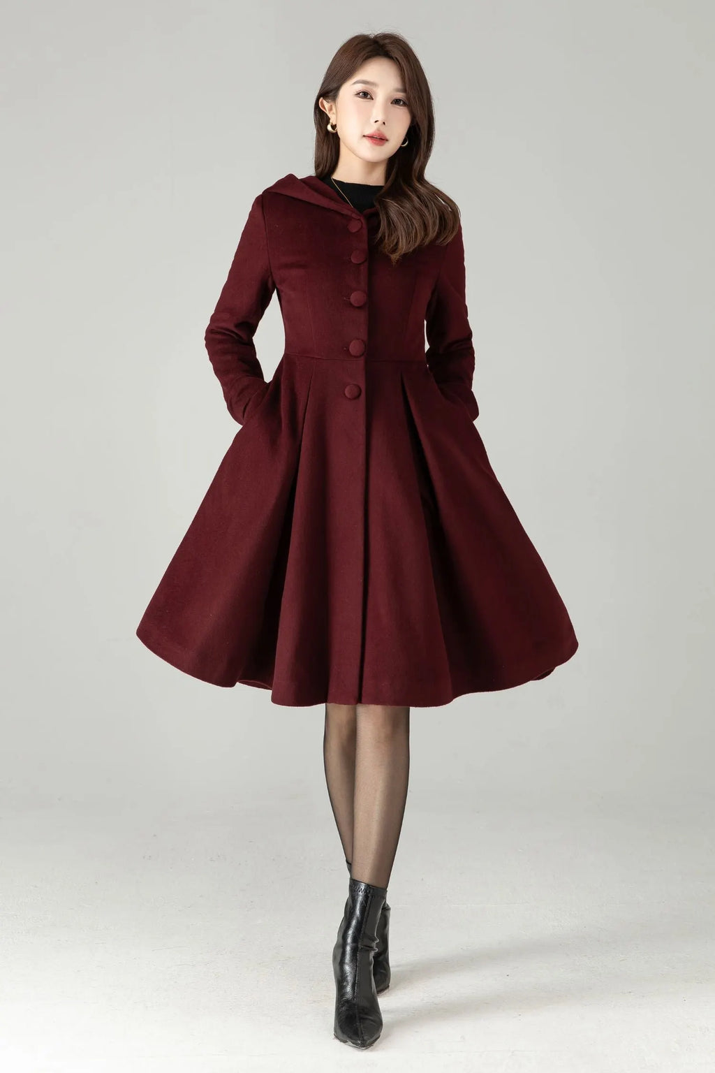 Hooded Burgundy Wool Coat – Vintage Fit & Flare Short Winter Coat 