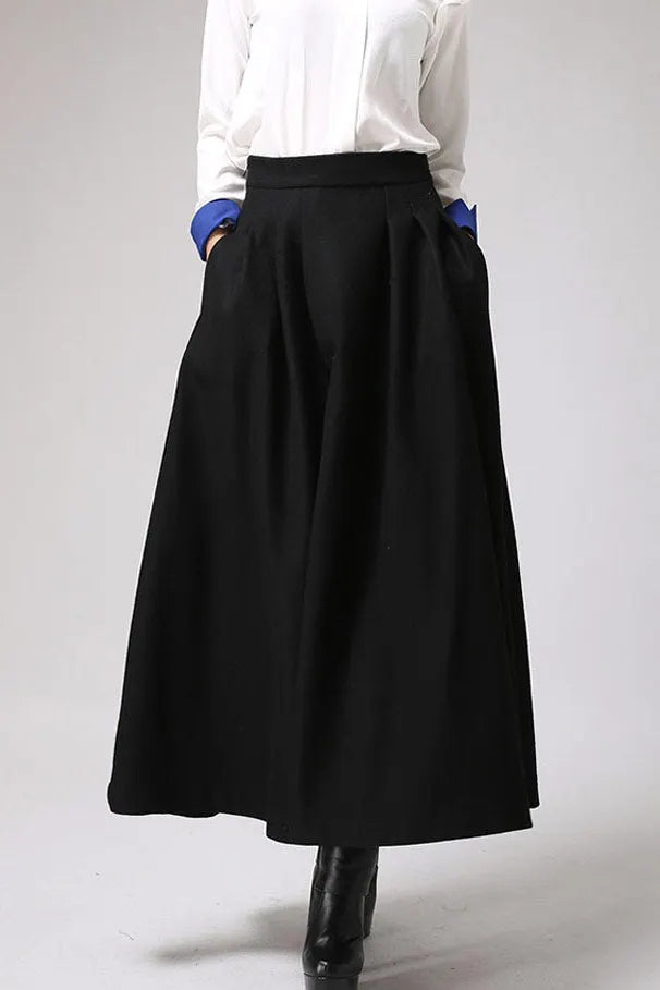 Black Wool Blend Maxi Skirt – Handmade High Waist Pleated Winter Elegance 0722