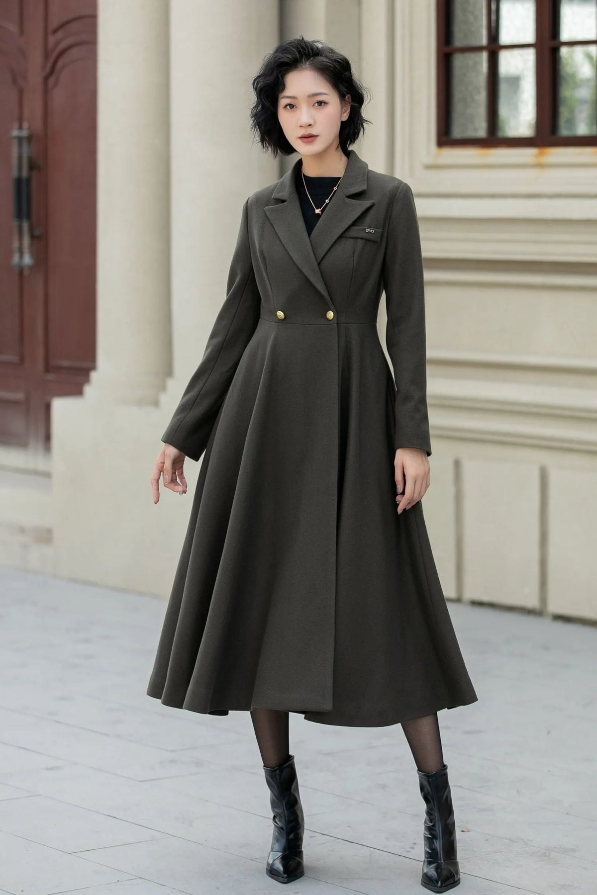 Army Green Wool Fit and Flare Double Breasted Coat - Fitted Waist 5459