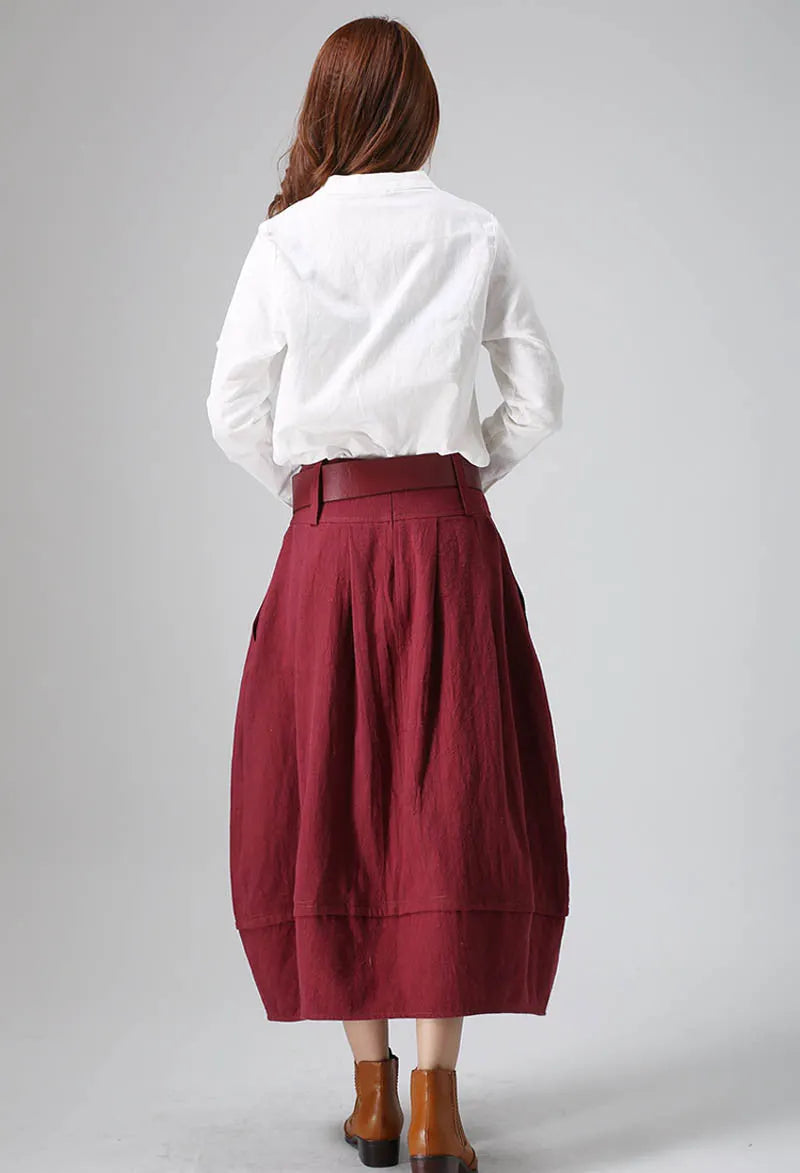 Red Linen Pleated Midi Bubble Skirt - Elegant Textured Silhouette 821