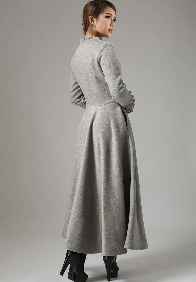 Gray Wool Maxi Coat for Women – Ruffle Trim Fit & Flare Winter Overcoat 731