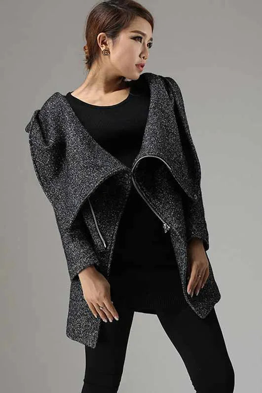 Charcoal Black Biker Wool Coat – Cowl Neck Hooded Winter Jacket 