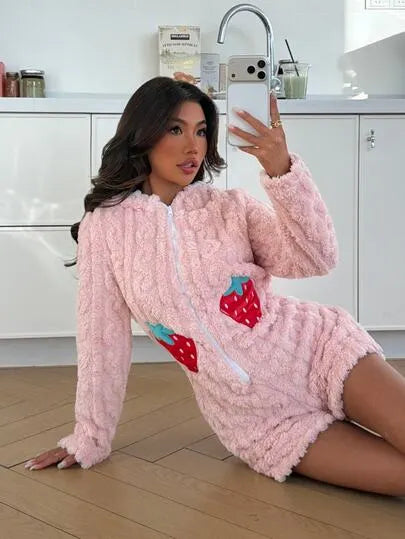 Strawberry Embroidered Jacquard Plush Hooded One-Piece Pajamas