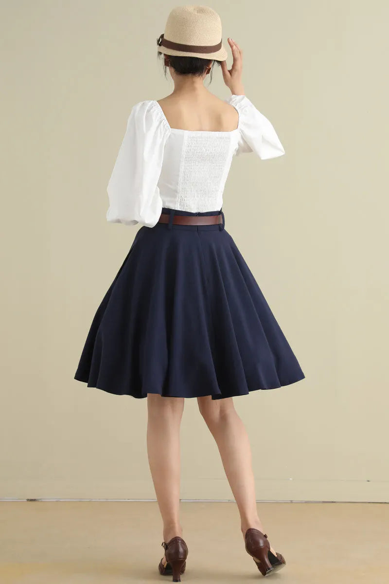 Navy Blue Linen Circle Skirt – Vintage 50s High Waist Skater Skirt with Pockets 2793