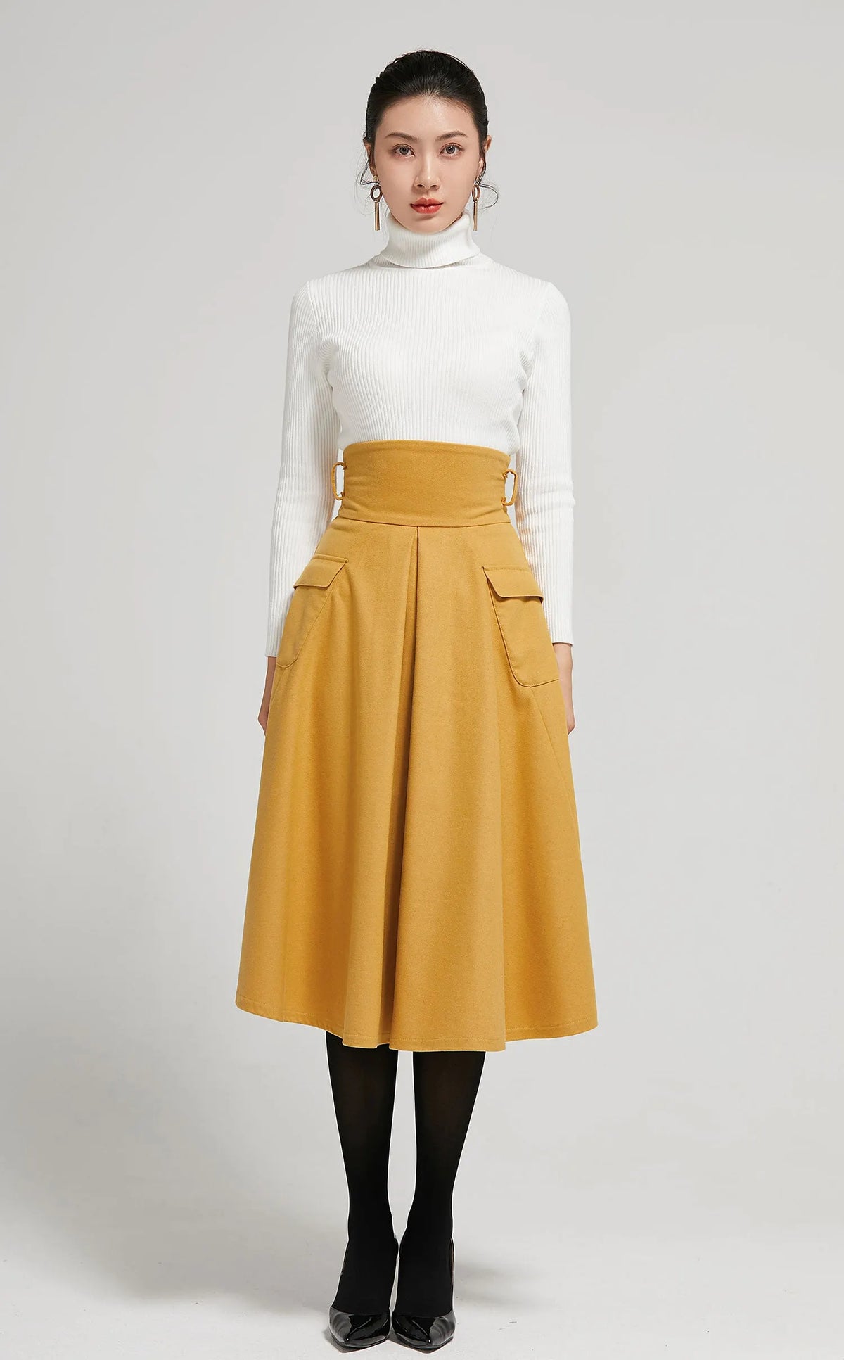 Mustard Wool A-Line Midi Skirt, High-Waisted Pleat 2302