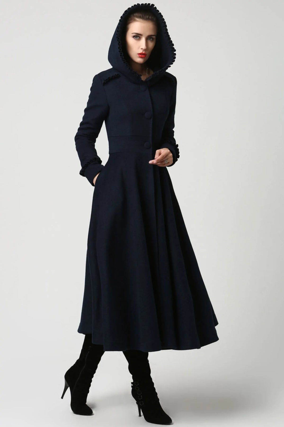 Navy Hooded Wool Maxi Coat – Ruffle Trim Fit & Flare Winter Coat 