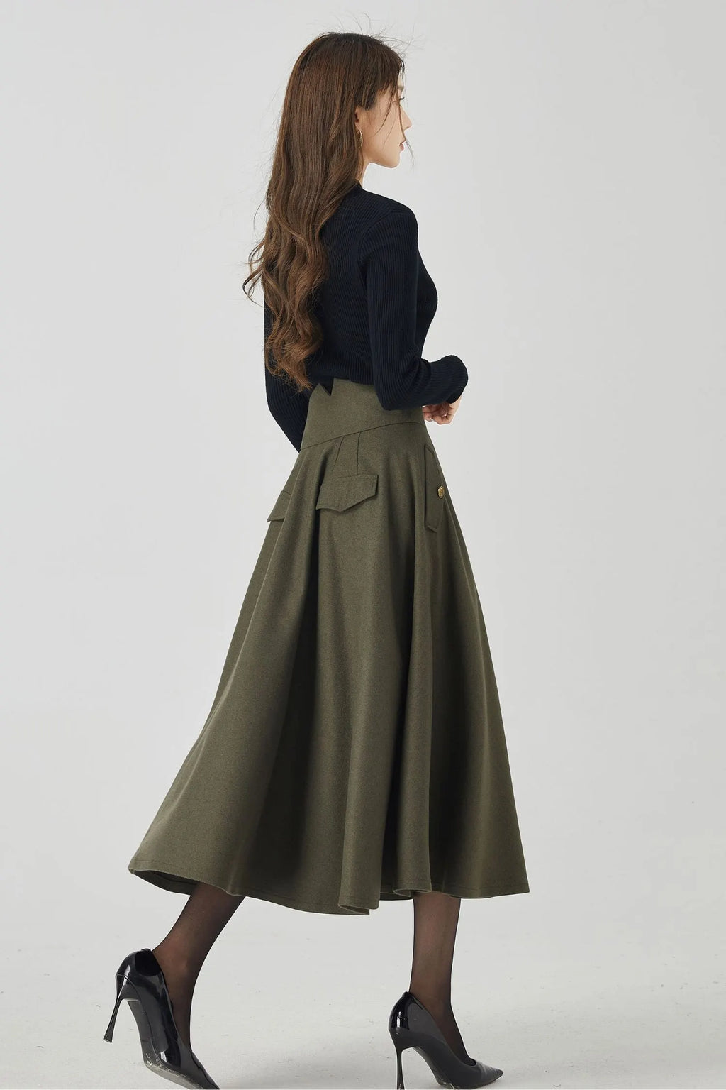 Vintage Wool Blend Pleated Midi Skirt – Handmade High Waist Winter Skirt 
