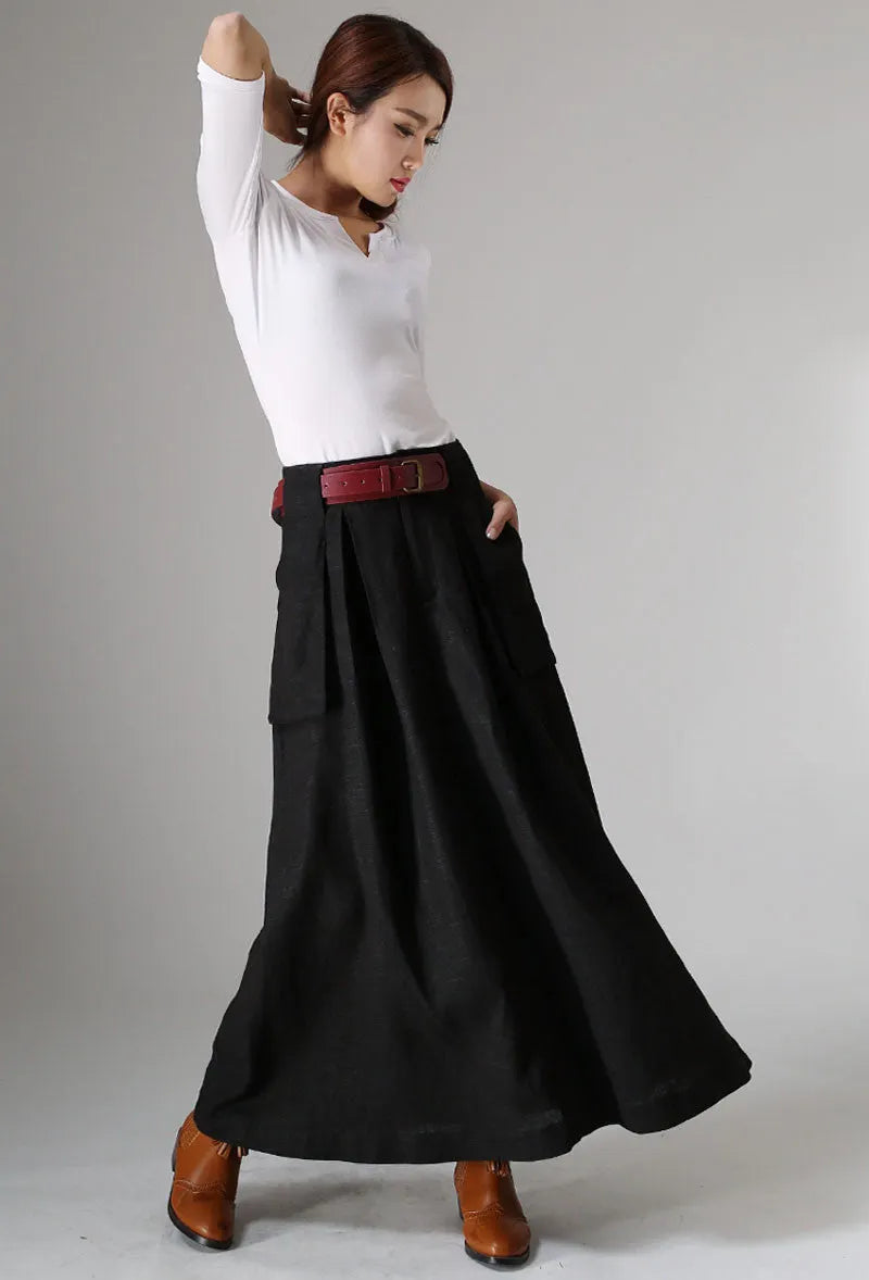Black Linen Maxi Skirt - Big Pocket Detail 979