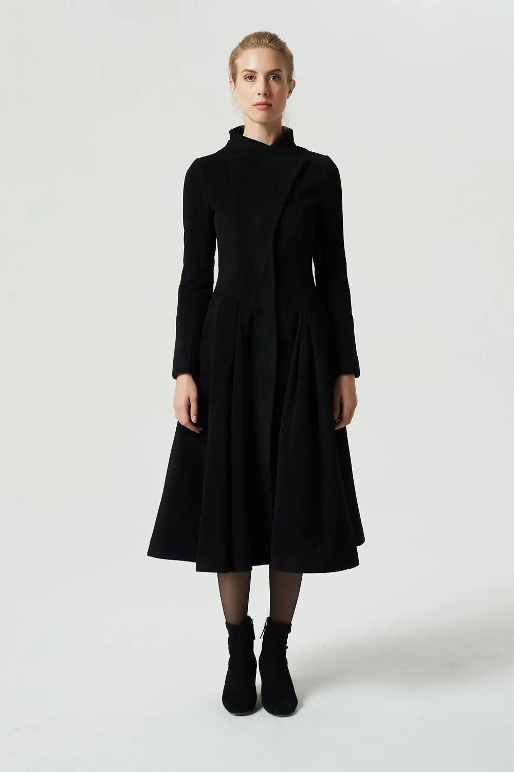 Vintage Wool Coat for Women – Handmade Black Stand Collar Fit and Flare Winter Coat 