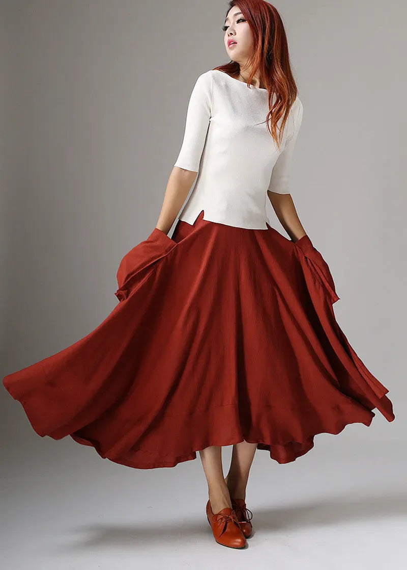 Red Linen Maxi Skirt - Asymmetric Ruffle Hem Pockets 
