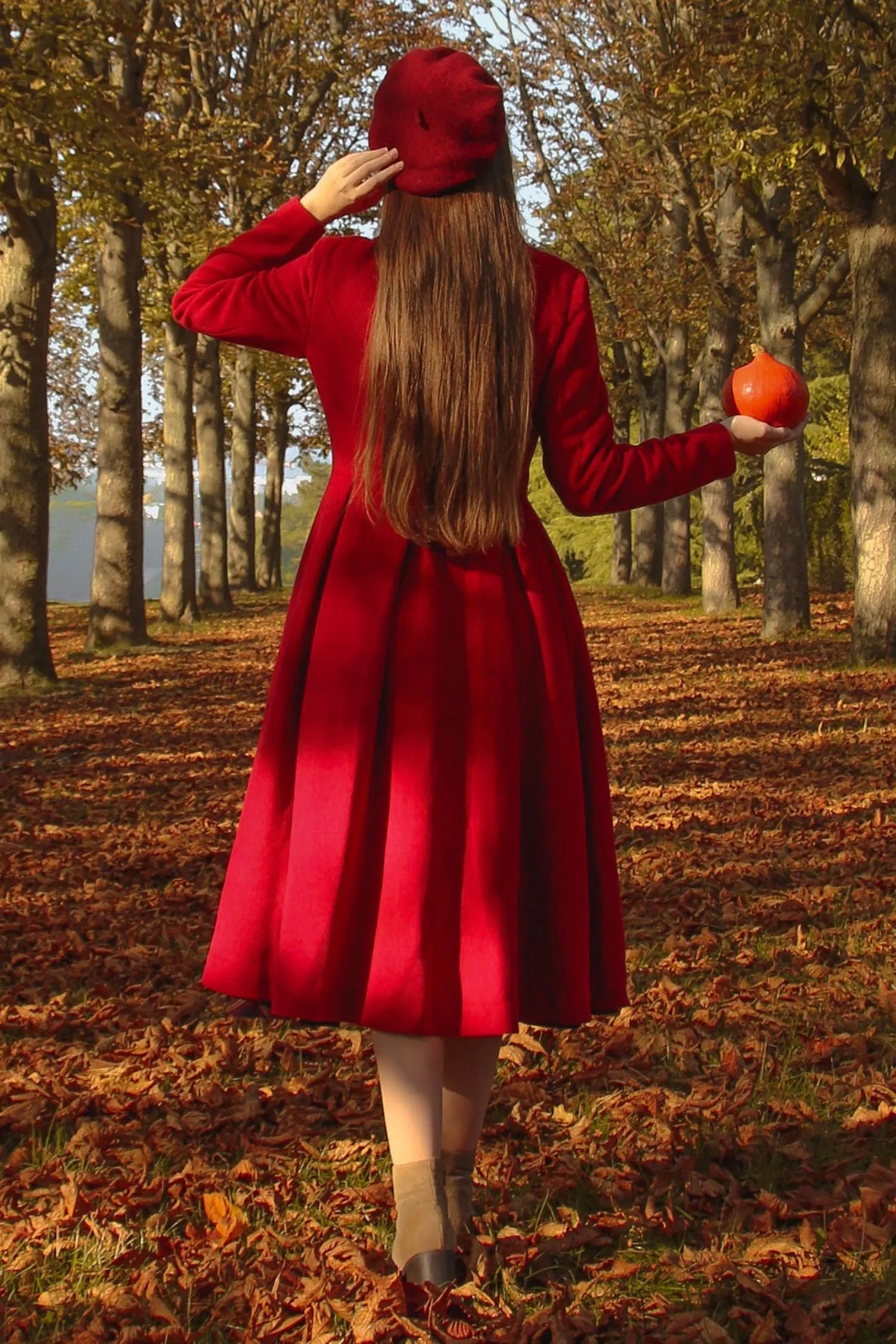 Red Wool Maxi Coat - Vintage Princess Silhouette with Pleated Detail 3219