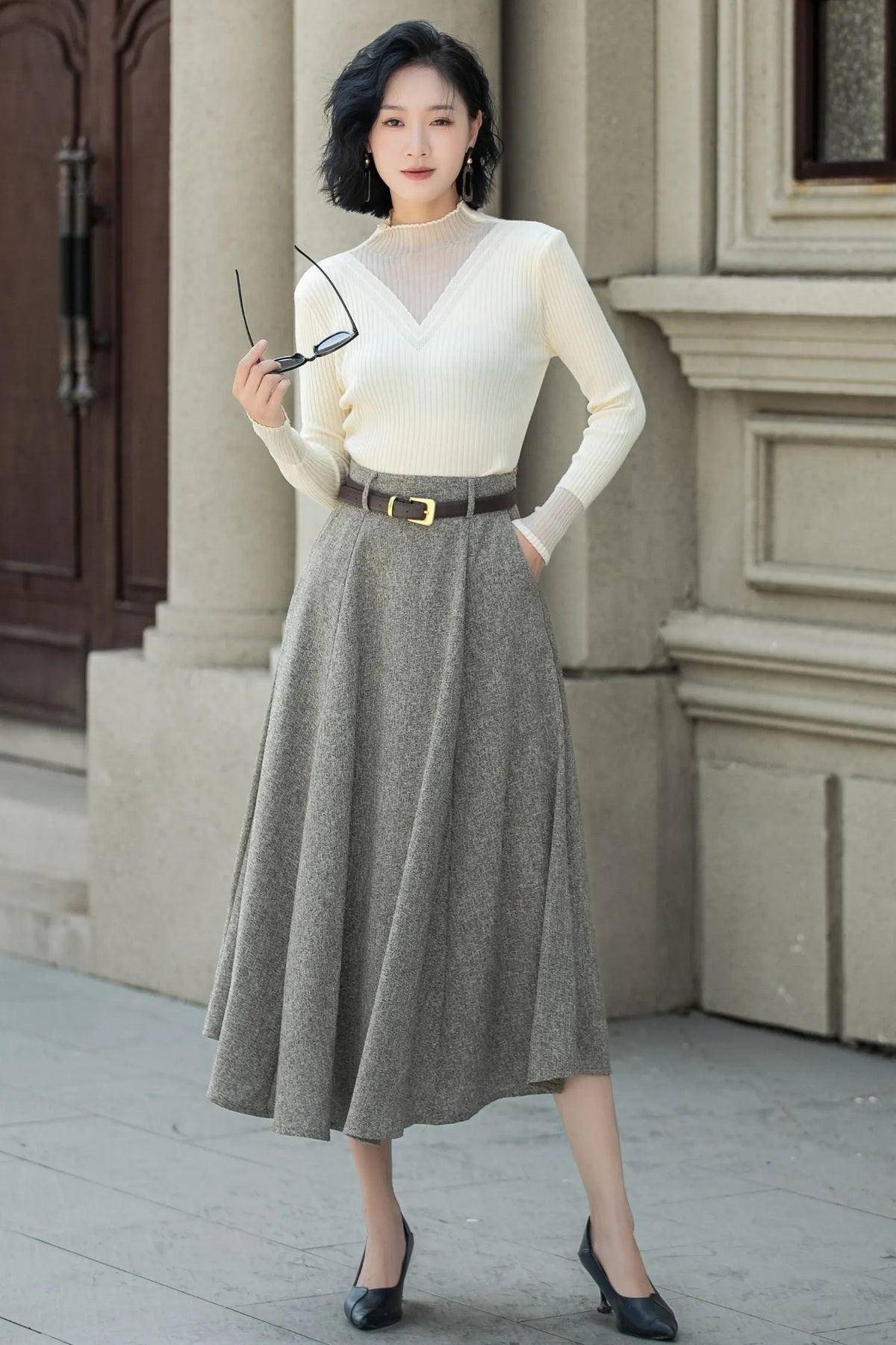 Gray Wool A-Line Midi Skirt - High Waist with Pockets 5313