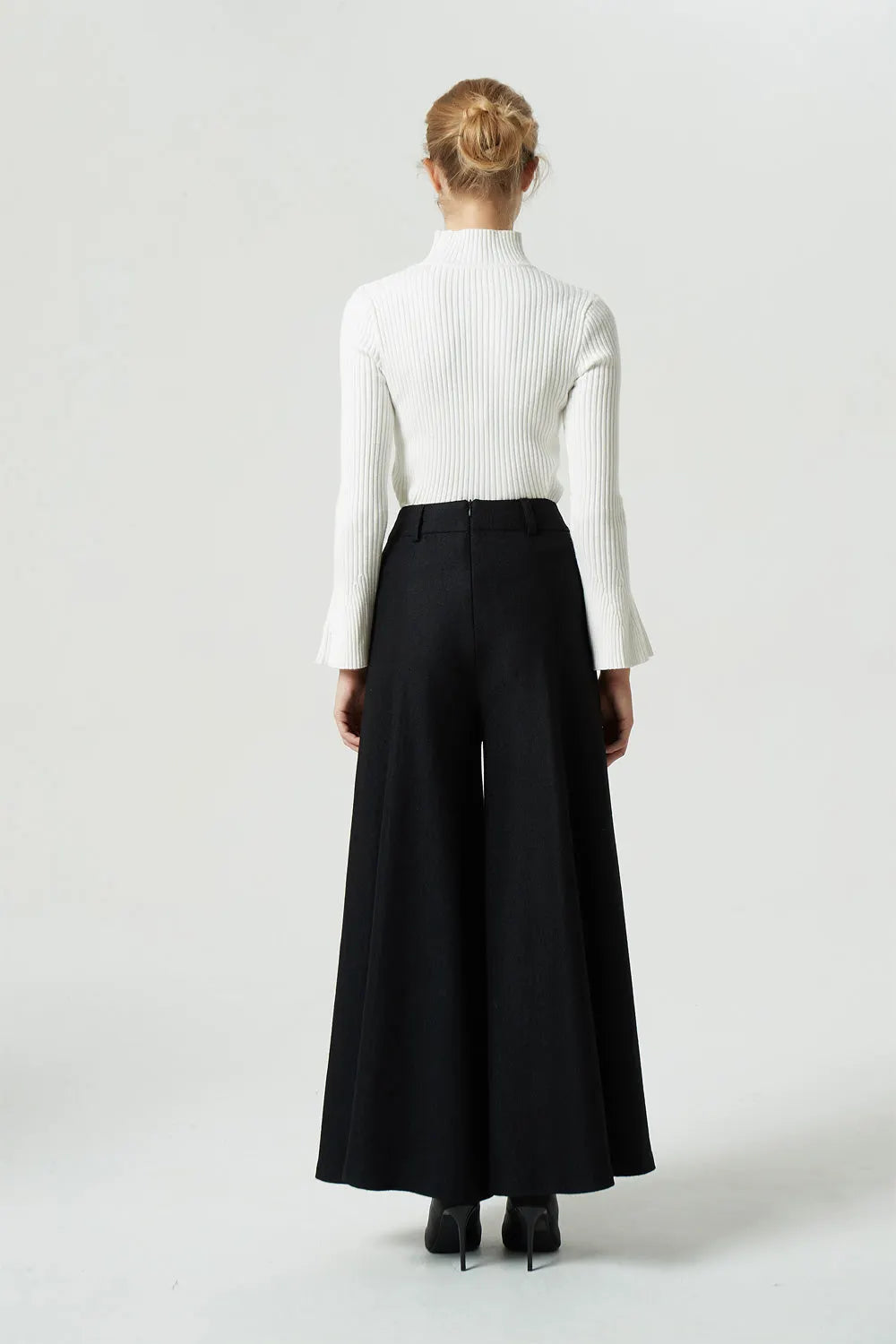 Black Wool Wide Leg Palazzo Pants - High Waist Pleated Maxi Pants 1998