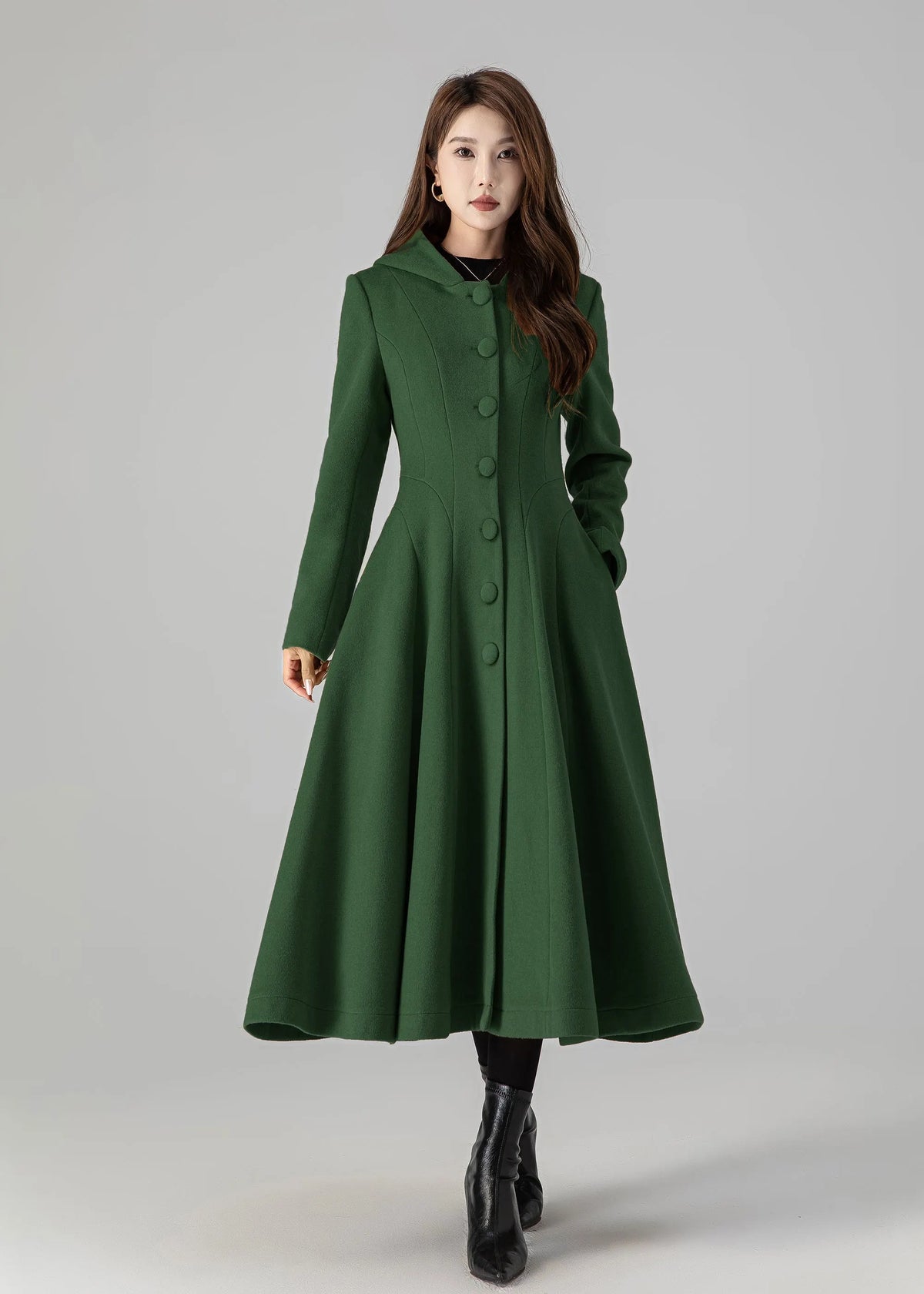 Forest Green Wool Blend Swing Coat - Hooded, Long Sleeve 5503