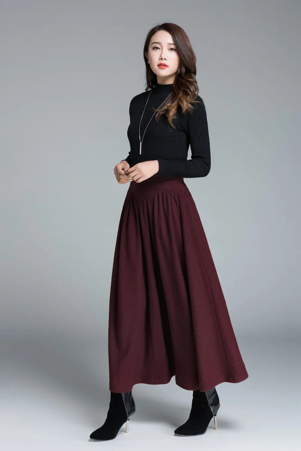Burgundy Wool Maxi Skirt – Vintage High Waist Flared Winter Skirt 6319