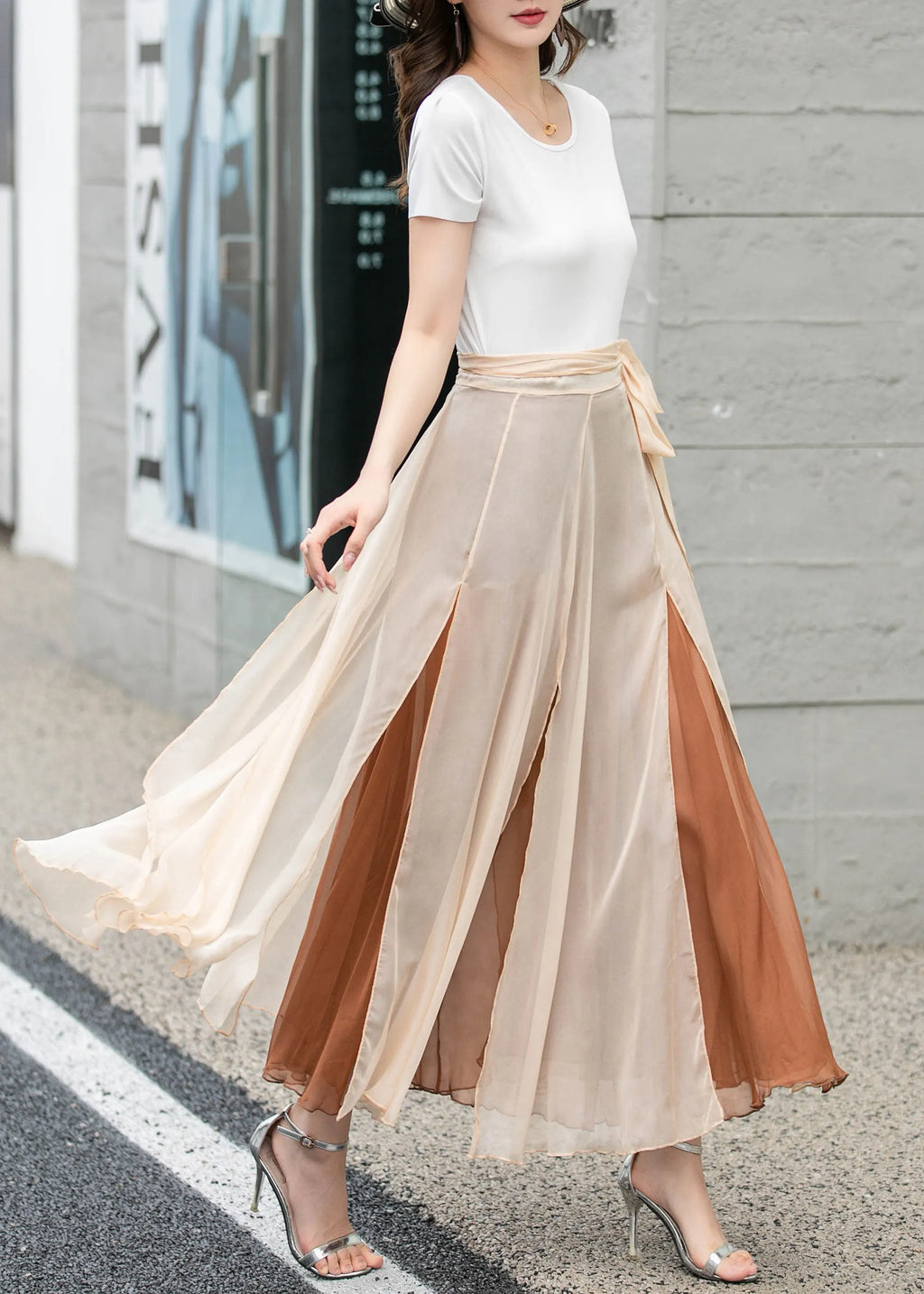 Apricot Chiffon Midi Wrap Skirt - Flowing Circle Silhouette 4277