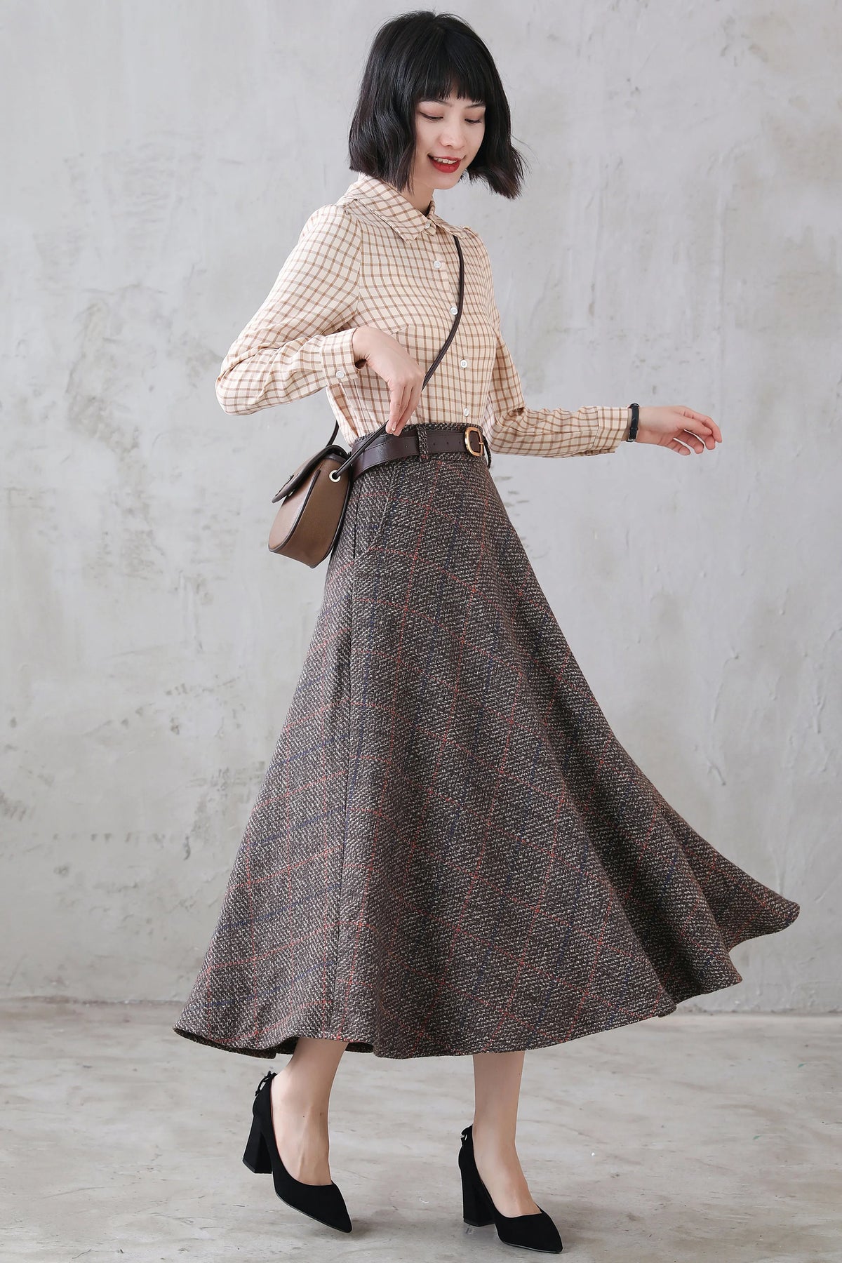 Coffee Plaid Wool Maxi Skirt - Retro Flared Ankle-Length 3119