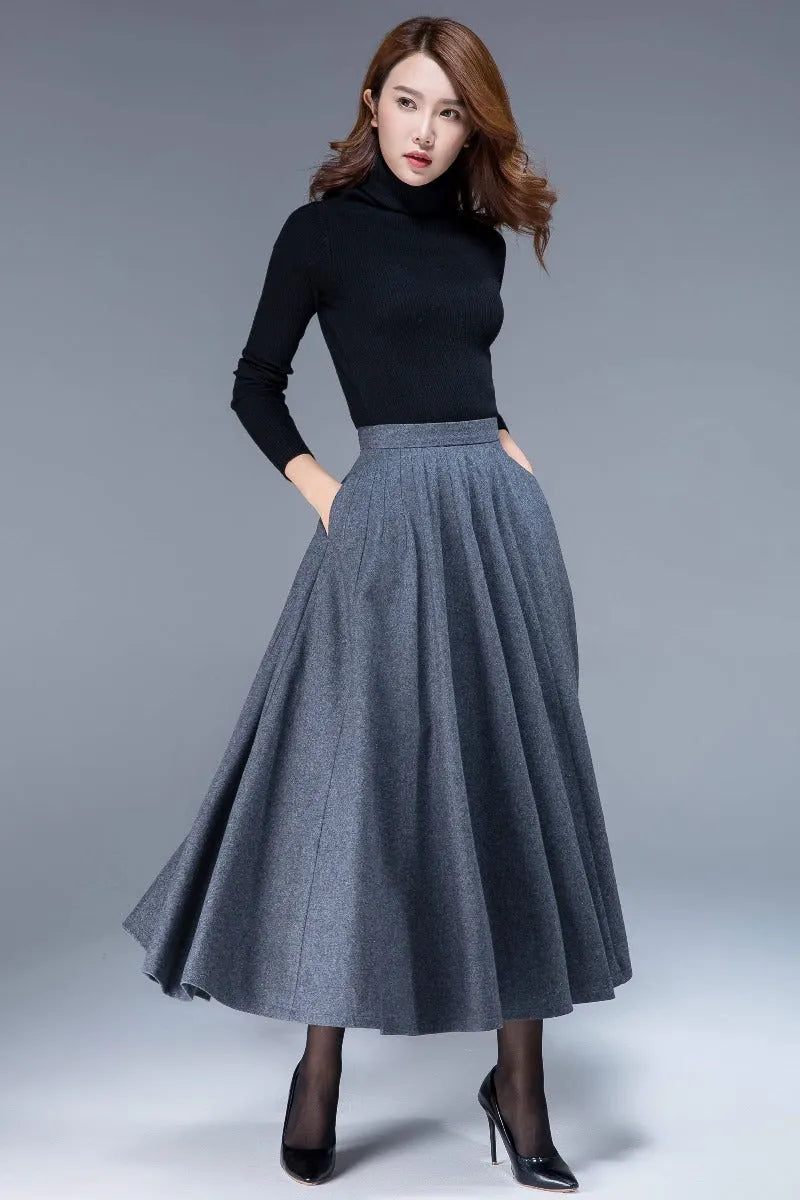 Handmade Gray Wool Circle Skirt – Vintage High Waist Full Midi with Pockets 1802