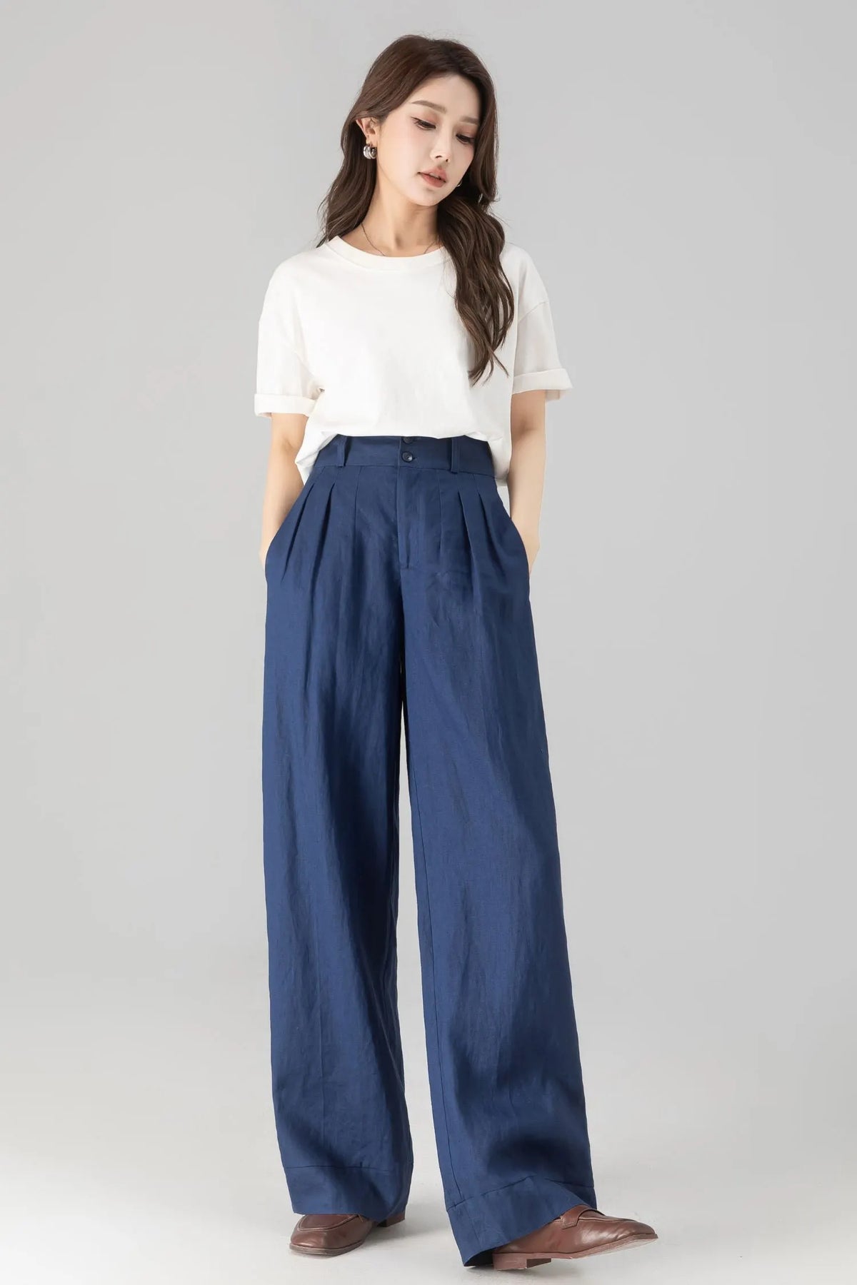 Blue Linen Cotton Wide Leg Pants - Palazzo High Rise 