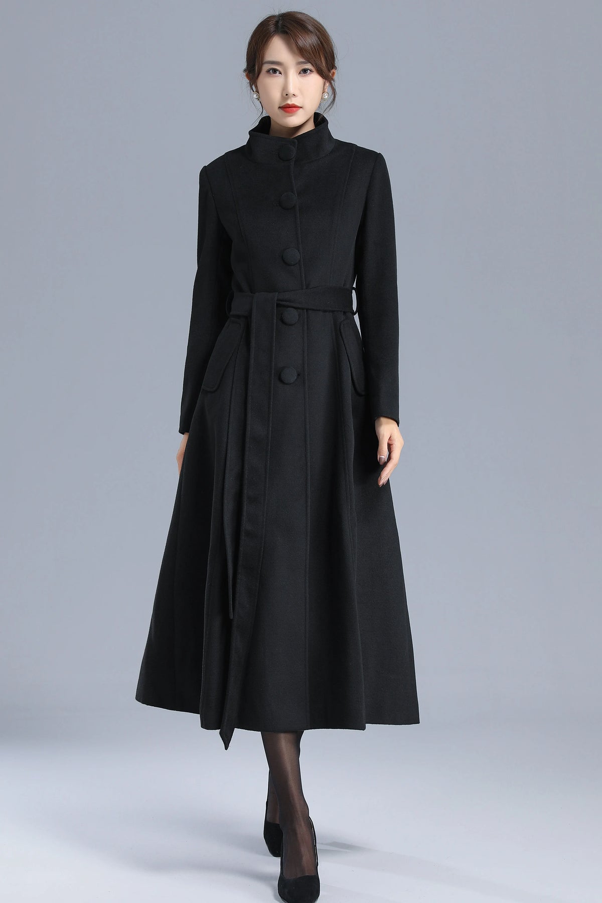 Black Wool Blend Coat - High Neck, Belted, Mid-Calf Length 3202