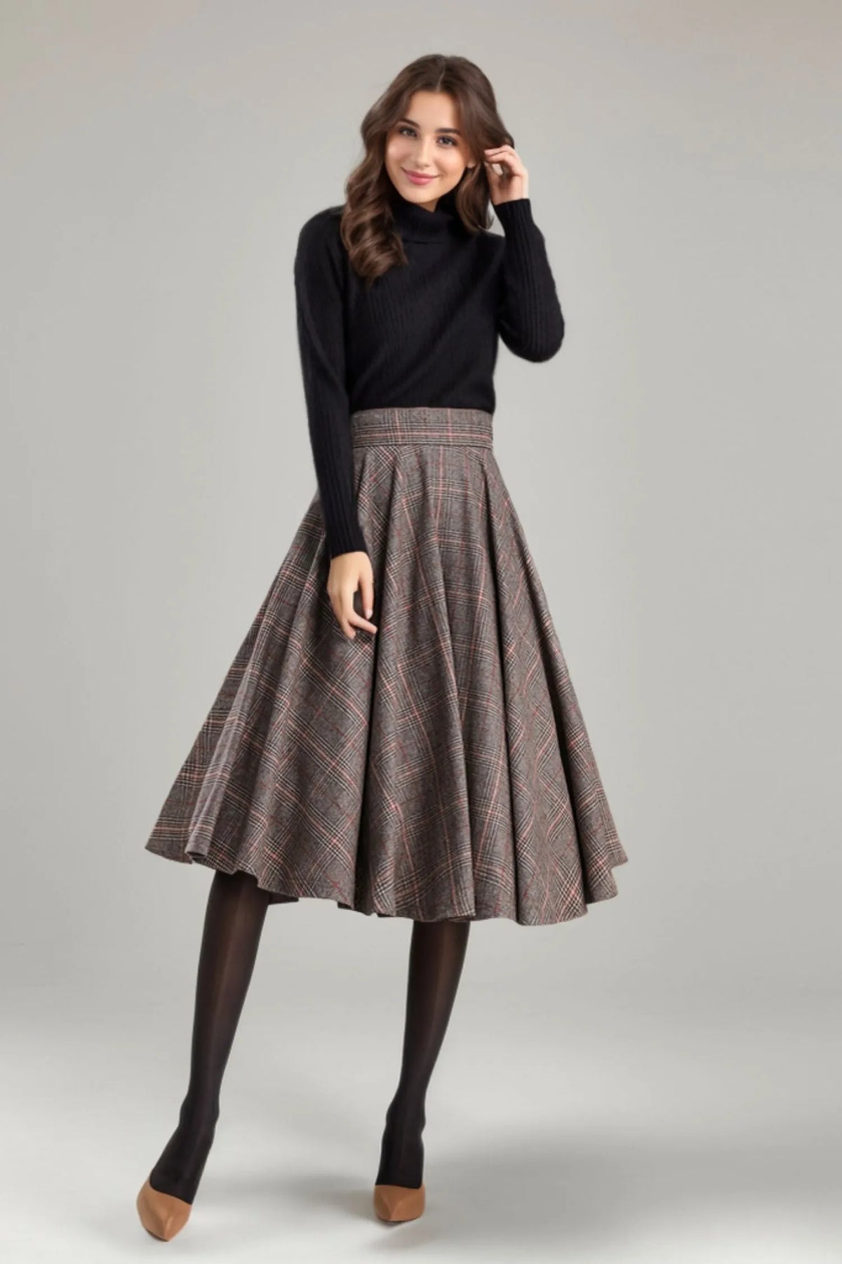 Wool Blend Plaid Skirt – A-Line Pleated Midi Skirt with Back Zipper 3167